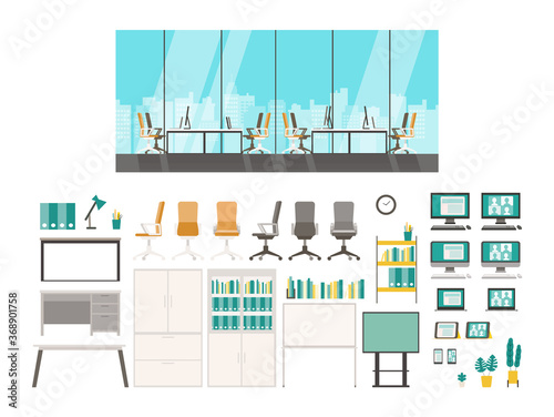 Isolated modern flat vector illustration of office equipments, interiors. Cabinet, desk, shelf, monitor, documents and potted plants.