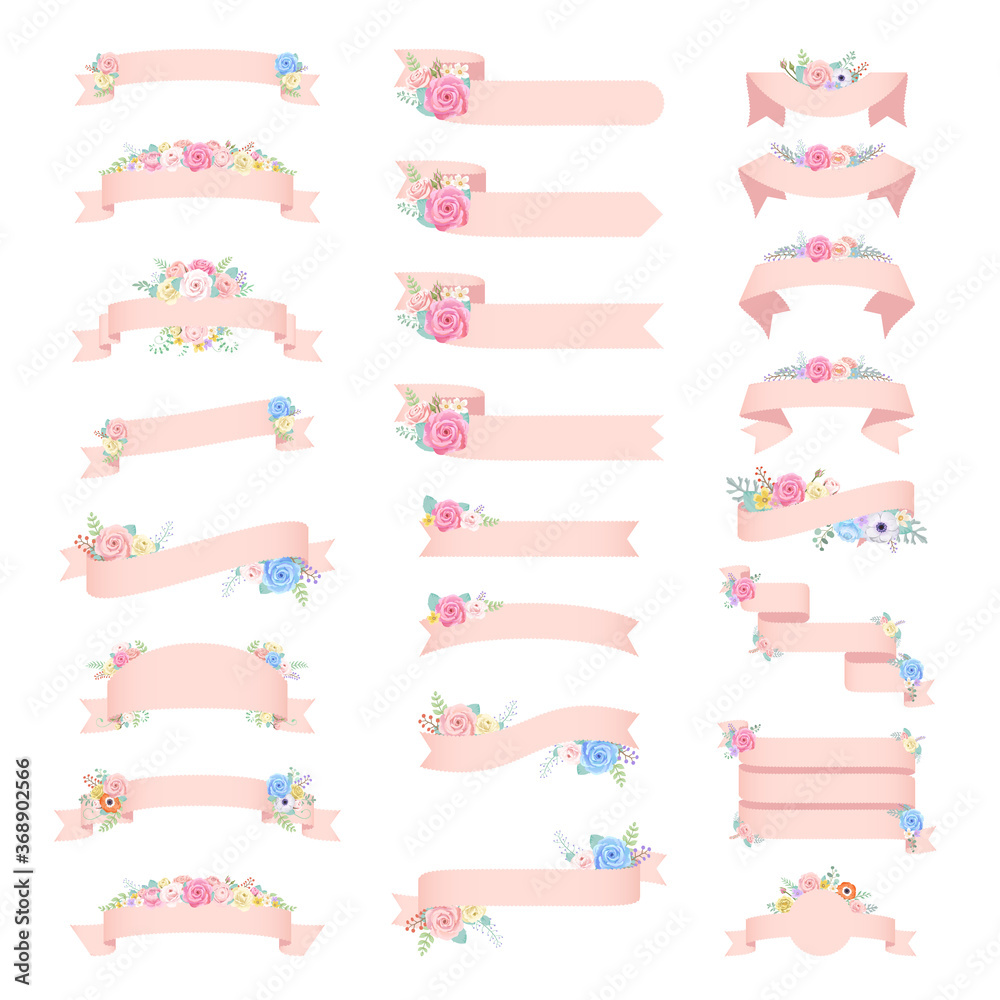 Vector set of 24 rose ribbons,White background.Wedding ribbon collection.