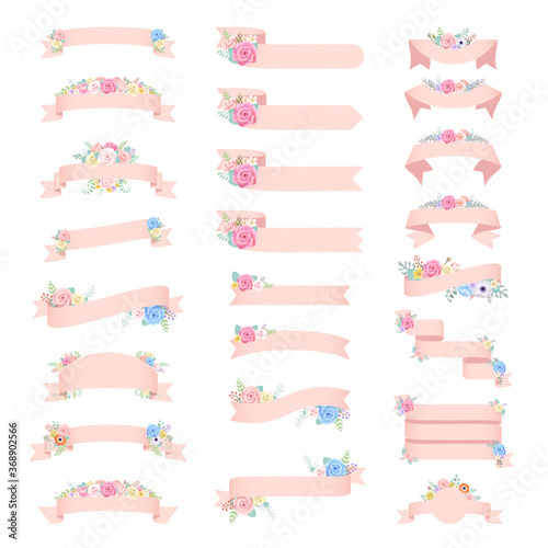 Vector set of 24 rose ribbons,White background.Wedding ribbon collection.
