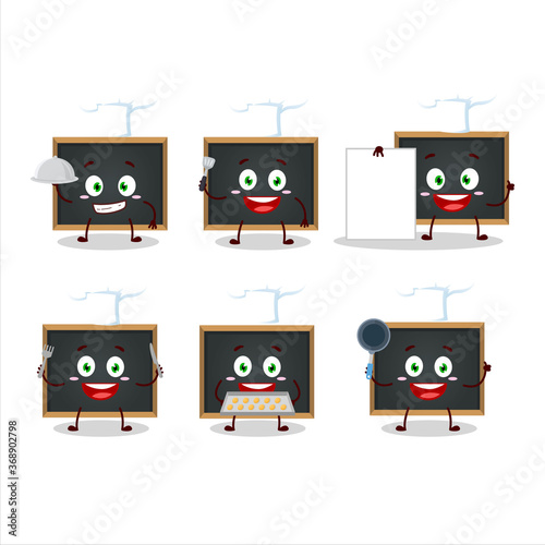 Cartoon character of blackboard with various chef emoticons
