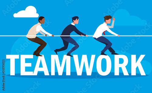 teamwork with business men elegant and pull rope