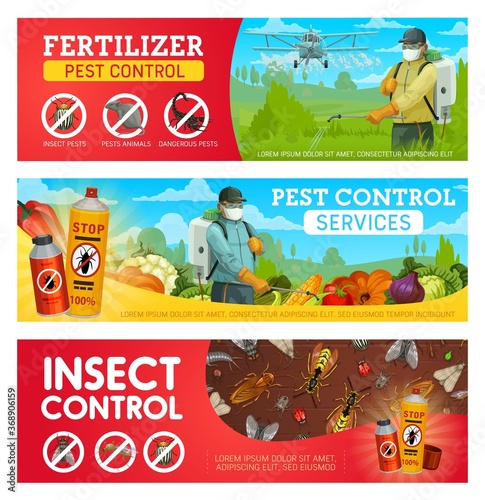 Pest control service vector banners with pest insects, bugs, rodent animals and exterminators. Cockroach, mosquito, rat and fly, pesticide and insecticide protection spray and agriculture crop duster