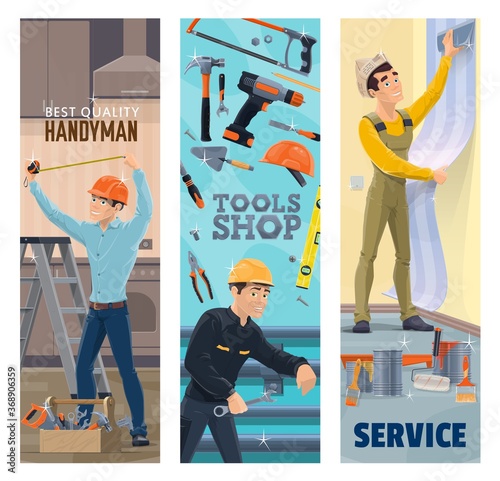 Handyman, plumber, painter and decorator with tools vector banners. Construction, plumbing, house repair and painting service workers, toolbox, hammer, drill and paint, wallpaper, tape measure, wrench