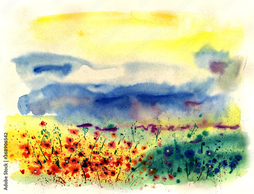 Abstract watercolor drawing of a flowering meadow and colorful sky
