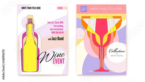 Set of posters for Wine festival. Background for menu covers. Cocktail Party banner. Vintage abstract art. Overlapping shapes. Vector 3D layout