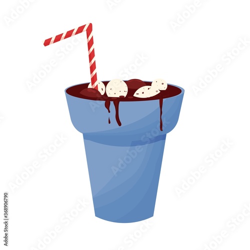 Beverage hot chocolate, cacao in cup decorated with marshmallow and chocolate isolated on white background stock vector illustration