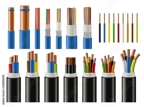 Cables and wires realistic vector of electrical power, network, television and telephone. Energy cables with insulated copper conductors, twisted pairs, multicore coaxial and fiber optic wires photo