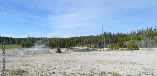 Late Spring in Yellowstone National Park: Looking Across Firehole River and Oblong Geyser of the Giant Group in Upper Geyser Basin