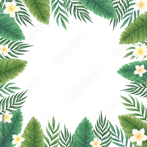 Watercolor Illustration with hand drawn floral frame from palm leaves and branches isolated on white background. Tropical design for invitation, poster, card, print