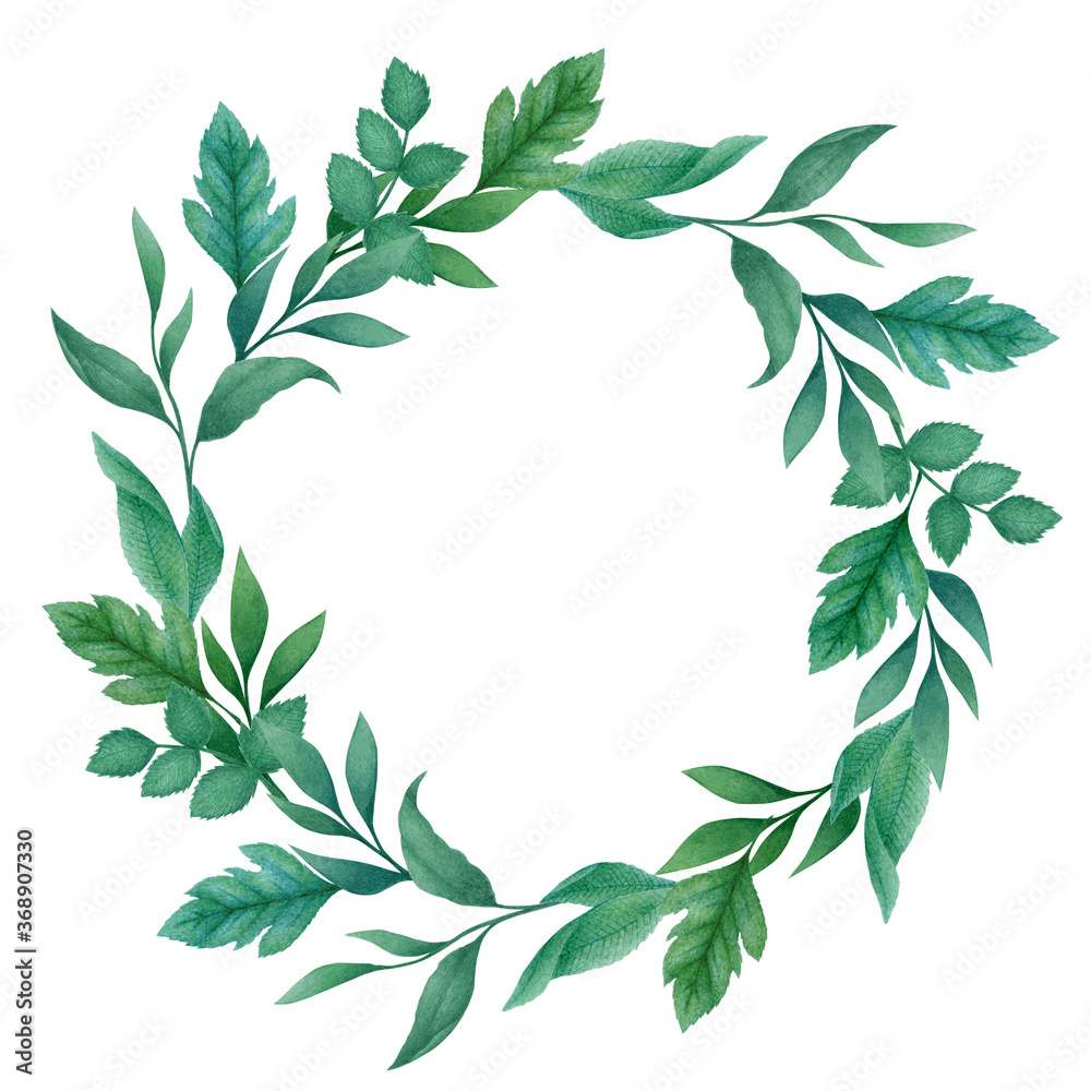 Naklejka premium Watercolor Illustration with hand drawn round floral wreath from blue green leaves and branches isolated on white background. Botanical design frame for wedding invitation, poster, card