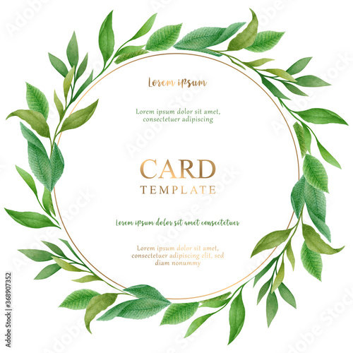 Watercolor Illustration with hand drawn round floral wreath from green leaves and branches isolated on white background. Botanical design frame for wedding invitation, greeting card, poster