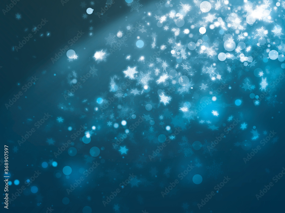Many snowflakes effect falling from side scene and dot light effect setting on blue background with spot light