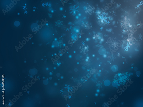 Many light snowflakes falling from side scene and glitter light effect on dark blue background