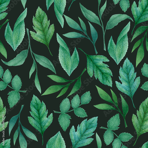 Watercolor seamless pattern with hand drawn blue green leaves and branches isolated on black background. Botanical illustration for design, print, fabric, textile