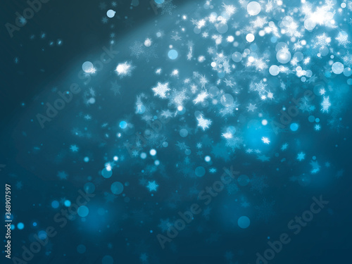 Many snowflakes effect falling from side scene and dot light effect setting on blue background with spot light