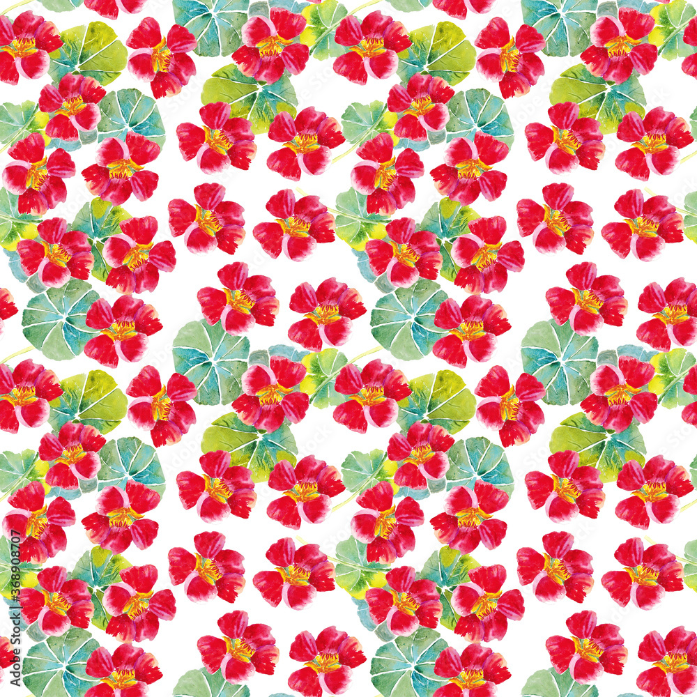 Seamless pattern with nasturtium. Design done in watercolor. The design is suitable for postcards, covers, wrapping paper, fabric, wallpaper on the wall. Seamless pattern with nasturtium. Design done in watercolor. The design is suitable for postcards, covers, wrapping paper, fabric, wallpaper on the wall.