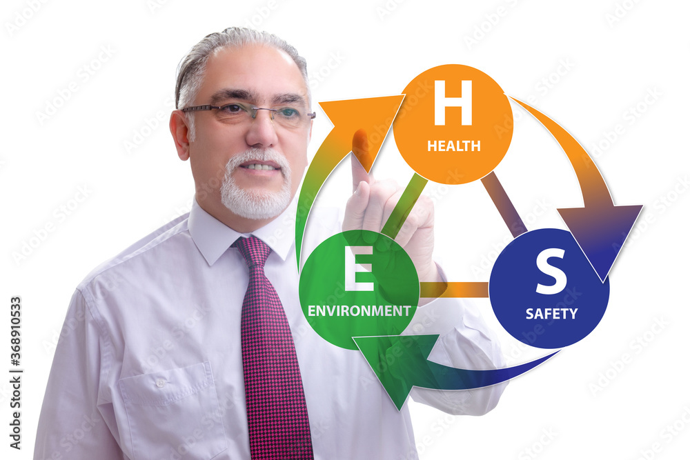 HSE concept with businessman pressing virtual button HSE concept with businessman pressing virtual button