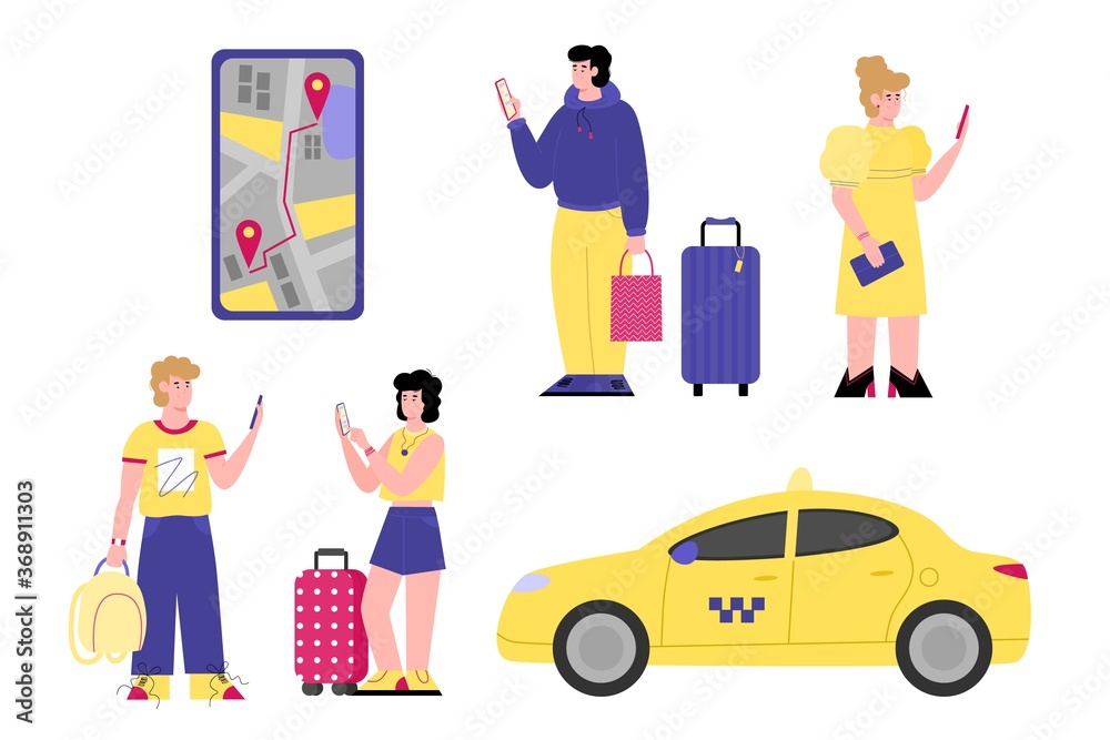 Online taxi service set of cartoon passengers and taxi car, flat vector illustration isolated on white background. City transportation cab service and mobile order. Online taxi service set of cartoon passengers and taxi car, flat vector illustration isolated on white background. City transportation cab service and mobile order.