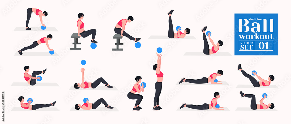 Medicine ball Workout Set. woman doing exercises with medicine ball. Lunges, Pushups, Squats, Dumbbell rows, Burpees, Side planks, Situps, Glute bridge, Leg Raise, Russian Twist, Side Crunch .etc