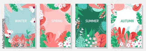 BVector set four seasons, winter, spring, summer, autumn, flowers and leaf design template, banner, cover, templates, postcard.asic RGB
