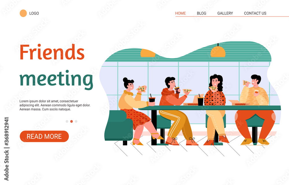 Friends eating at pizza parlor - website banner with cartoon group of people at cafe table having fast food meal together. Vector illustration of friend meeting.