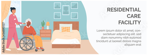 Banner for retirement home. Residential care facility at nursing home. A nurse with elderly black woman in wheelchair. African american disabled lady at her bedroom. Social worker with patient. Vector