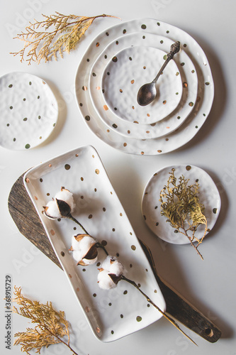 Beautiful plates on a white background with dried plant. Beautiful layout