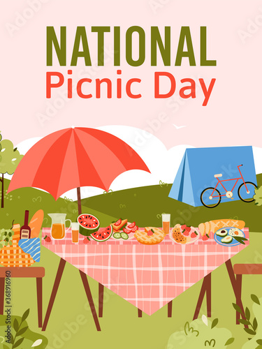 National Picnic Day holiday card or poster template with garden furniture served for dinner, cartoon vector illustration. Summer picnic and family outdoors leisure.