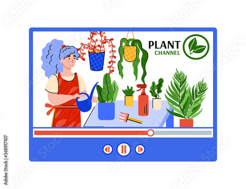 Plant chanel interface for social media blog with woman takes care of houseplants, cartoon vector illustration isolated on white background. Home activity and hobby.