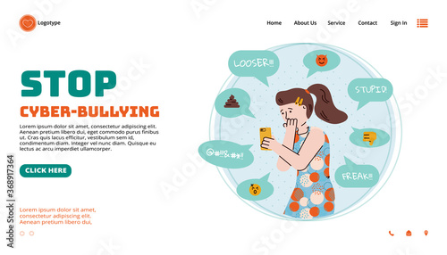 Website interface of online services and psychological support for victims of cyberbullying with header calling to stop bullying cartoon flat vector illustration.