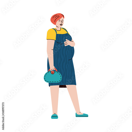 Cartoon character of pregnant young woman standing with handbag, flat vector illustration isolated on white background. Modern urban female personage.