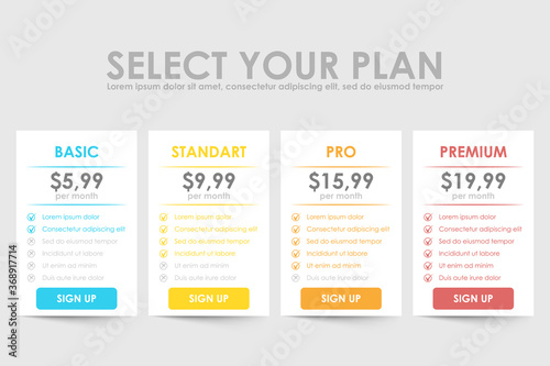 Set of pricing plans. Templates table in flat design. Table tariff banner for websites and applications. Vector illustration.