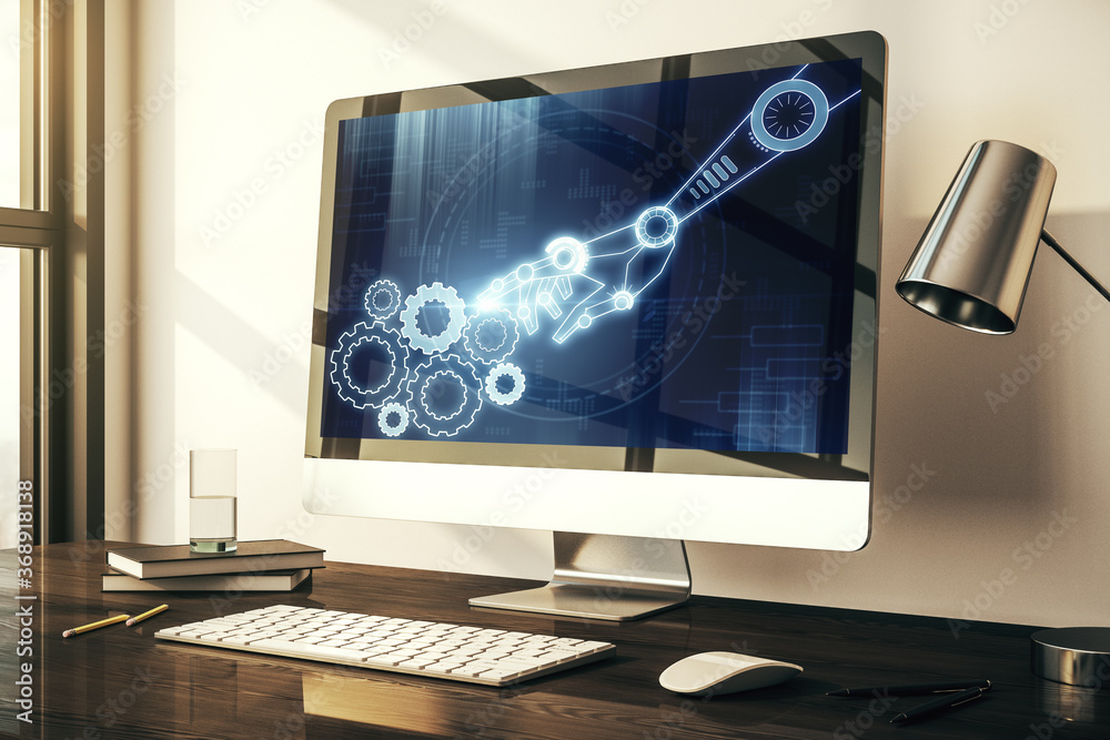 Creative concept of robotics technology on modern laptop screen. Robot development and automation concept. 3D Rendering Creative concept of robotics technology on modern laptop screen. Robot development and automation concept. 3D Rendering