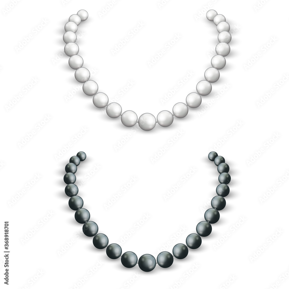 Necklace of white and black pearls on a female neck, 3d vector realistic mockup of a jewel, female accessory isolated on white background Necklace of white and black pearls on a female neck, 3d vector realistic mockup of a jewel, female accessory isolated on white background