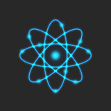 Planetary model of the atom, Rutherford is atomic structure model physical symbol of glowing neon blue lines, scientific logo