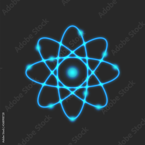 Planetary model of the atom, Rutherford is atomic structure model physical symbol of glowing neon blue lines, scientific logo photo