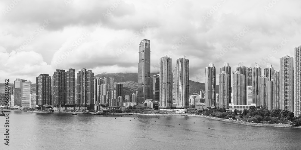 Panorama of harbor and skyline of Hong Kong city