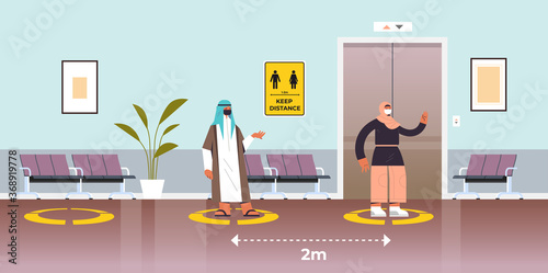 arab businesspeople in protective masks keeping distance to prevent coronavirus pandemic social distancing concept people standing on yellow floor signs full length horizontal vector illustration