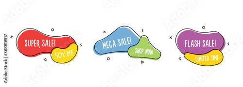 Set of modern organic shapes. Fluid vector trendy elements with shop, sale and discount texts. Hand drawn doodle vector style design set.