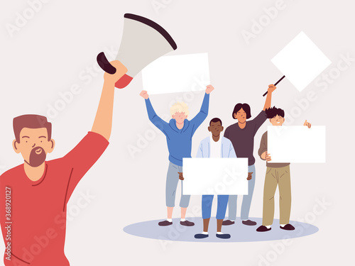 people with banners and signs are protesting, people raised fist and signs on protes