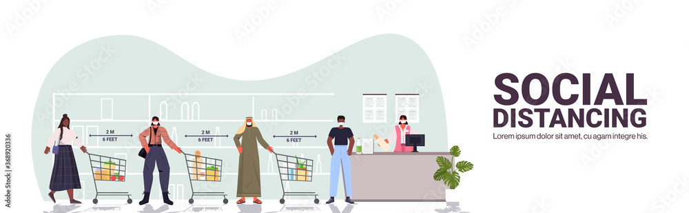 cutomers in protective masks in queue at cash desk keeping distance to prevent coronavirus social distancing concept groceries store interior horizontal full length copy space vector illustration
