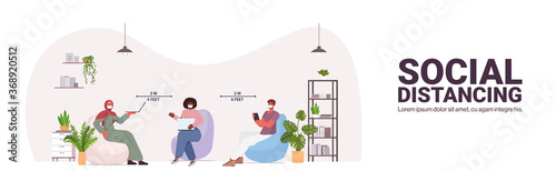 businesspeople discussing in protective masks mix race colleagues keeping distance to prevent coronavirus social distancing concept office interior horizontal full length copy space vector