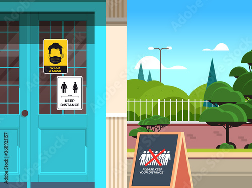 signboards for social distancing on door coronavirus epidemic protection measures concept horizontal vector illustration