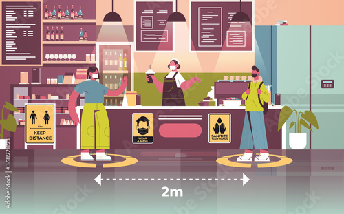 cafe visitors in protective masks keeping distance to prevent coronavirus social distancing concept people standing on yellow floor signs horizontal full length vector illustration
