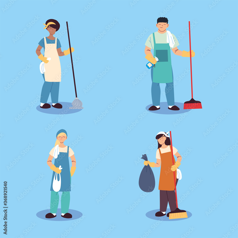 Fototapeta premium set of cleaning workers, professional cleaning staff, domestic cleaner worker and cleaners equipment
