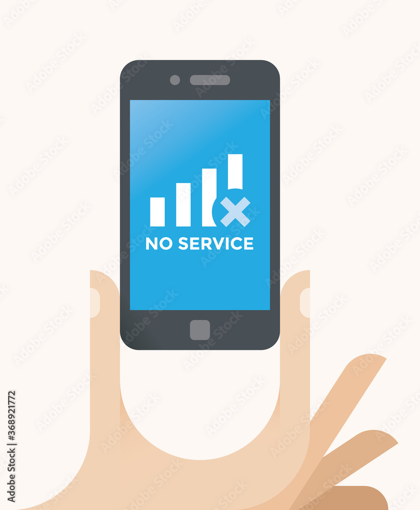 No Service (mobile cellular network available signal) operator message smartphone screen. Concepts: dead zone, dropped call, connection error, overload, carrier searching, antenna, base station No Service (mobile cellular network available signal) operator message smartphone screen. Concepts: dead zone, dropped call, connection error, overload, carrier searching, antenna, base station