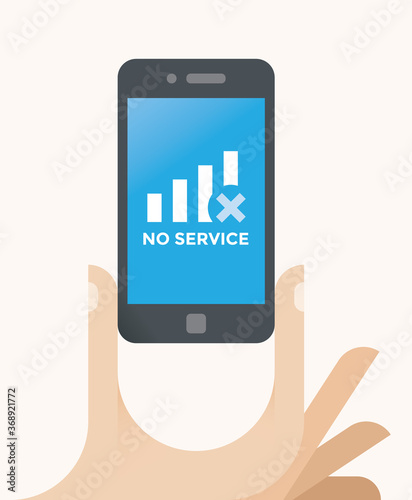  No Service (mobile cellular network available signal) operator message smartphone screen. Concepts: dead zone, dropped call, connection error, overload,  carrier searching, antenna, base station