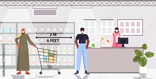 cutomers in protective masks standing at cash desk keeping distance to prevent coronavirus social distancing concept groceries store interior horizontal full length vector illustration