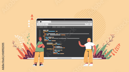 software engineers programmers working on project using laptop developing coding programming concept horizontal full length vector illustration
