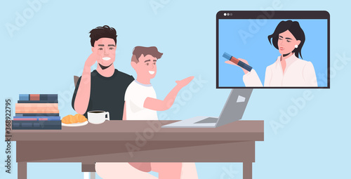 father and son having virtual meeting with mother during video call family chat online conference communication concept portrait horizontal vector illustration